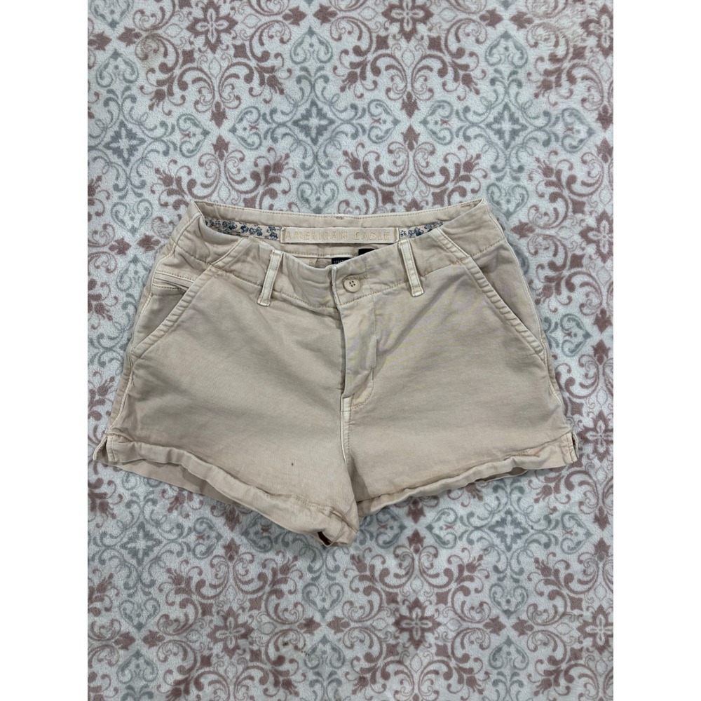American Eagle Outfitters Khaki Stretch Shorts Tan Size 0 Floral Trim Lining